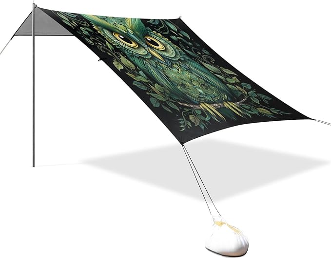 ALAZA Green Owl Print Boho Beach Tent Sun Shelter UPF50+ Protection Beach Shade Canopy w/ 4 Sandbags for Outdoor Camping Fishing Backyard Fun Picnic 10x9 ft