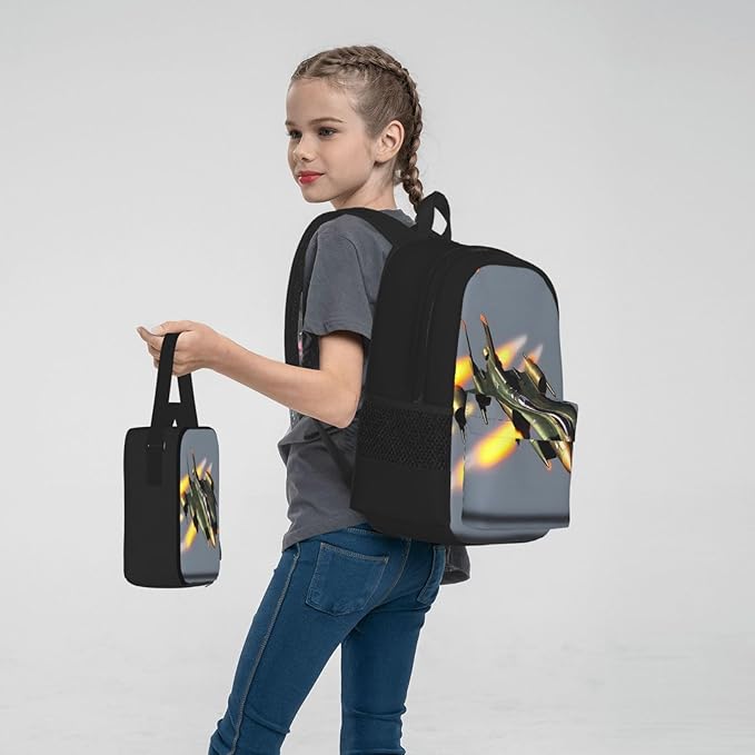 3pcs Backpack Sets Jet Fighters Printed Backpacks Set With Lunch Bag Pencil Pouch