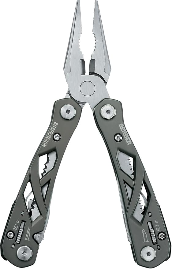 Gerber Gear Suspension 12-in-1 EDC Multi-Plier Multitool with Pocket Knife Needle Nose Pliers Wire Cutters and More Gifts for Men Camping and Survival Grey