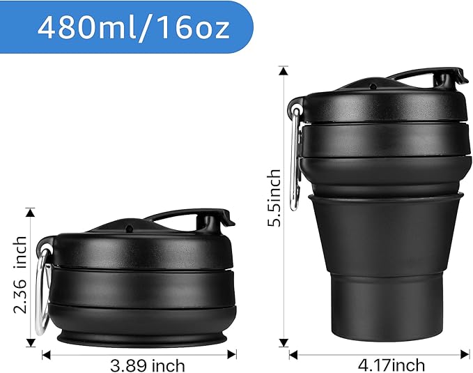 Collapsible Coffee Cup 2 Pack 16 OZ 480ml Silicone Travel Folding Cup Leak Proof BPA Free Portable Cup Travel mug with Lids for Camping hiking
