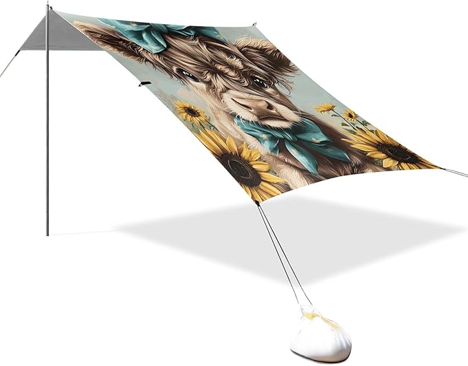 ALAZA Cute Baby Highland Cow Sunflower Bow Beach Tent Sun Shelter Portable Canopy Sunshade for Outdoor Camping Picnics Backyard Fun 10x9 ft