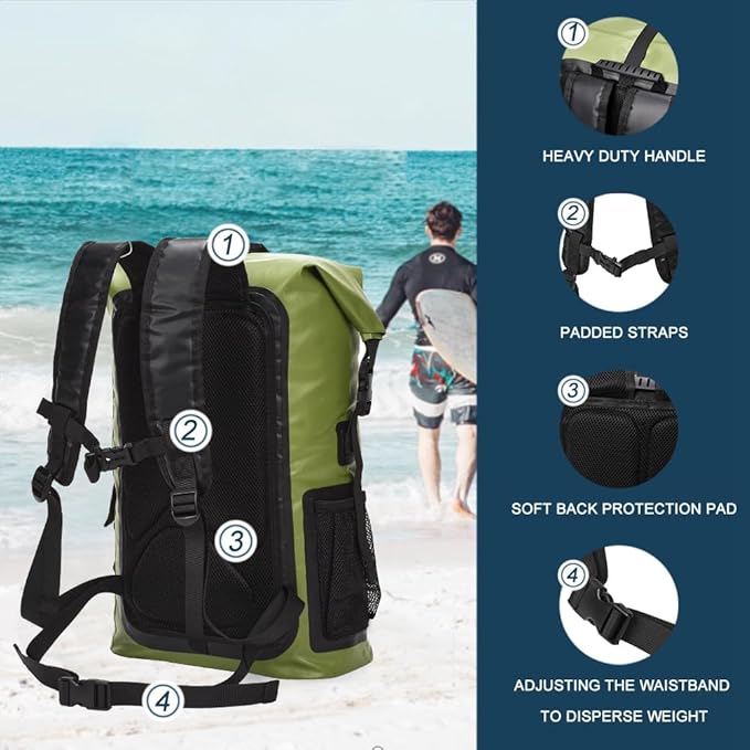Blueshyhall 30L Waterproof Dry Backpack Outdoor Travel Roll Top Closure Water Repellent Duffle Storage Sack for Kayaking Rafting Boating Fishing Camping and Beach - Green