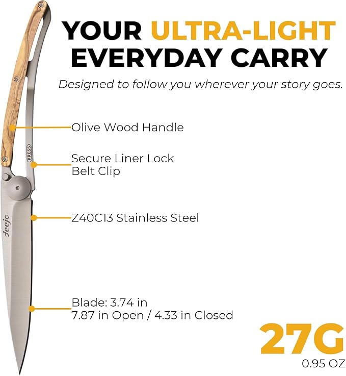 deejo - 27G Folding Pocket Knife with Belt Clip - Naked Grey Titanium Finish 2.95-Inch Stainless Steel Blade Olive Wood Handle - Lightweight Everyday Carry for Home Work and Outdoor Use