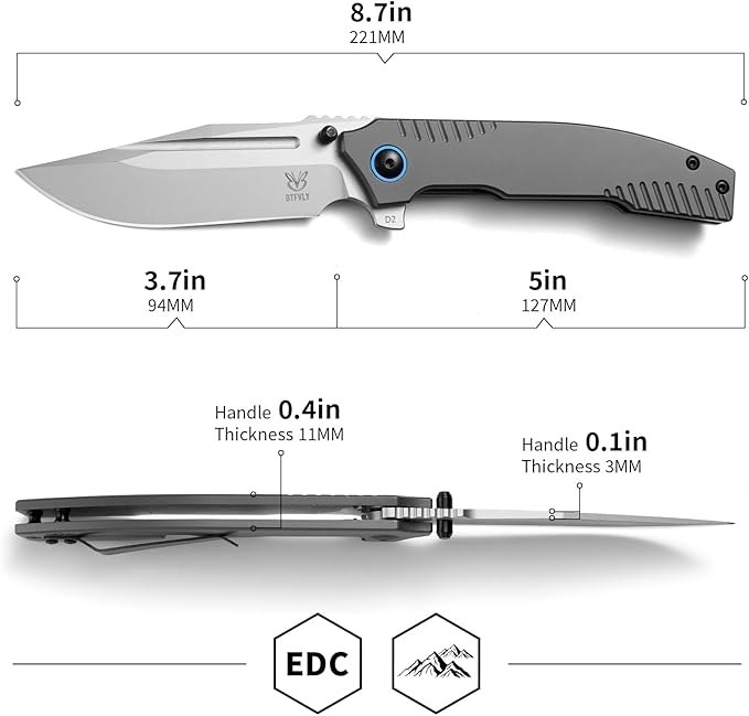 8.7in Full-Size Folding Knife - 3.7 D2 Steel Blade All-Steel Handle Heavy Duty EDC Tactical Pocket Knife with Clip for Camping Survival | Frame Lock