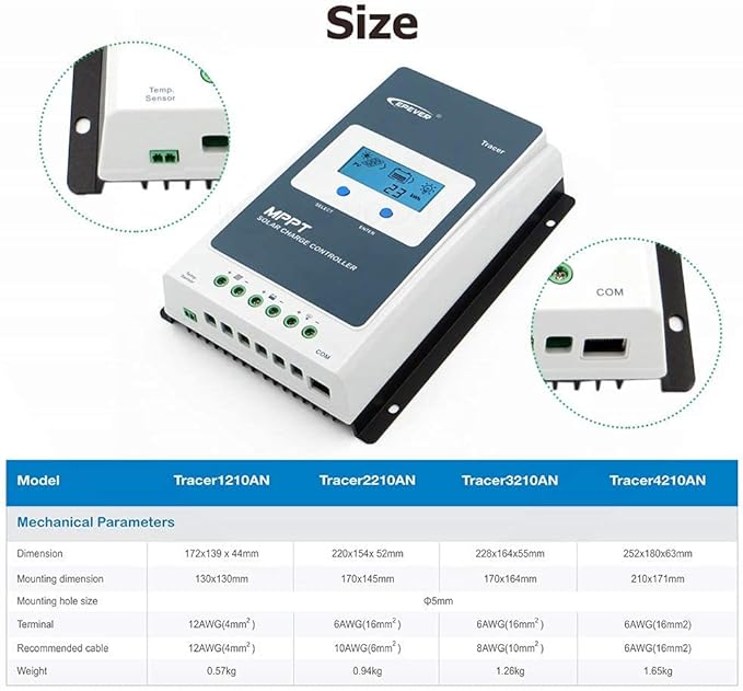 EPEVER 20A MPPT Solar Charge Controller 12/24V DC Tracer-an Series Charge Controller with MT52 Remote Meter &ampTemperature Sensor &ampRS485 Cable fit for Lithium Sealed AGM Battery Negative Groun