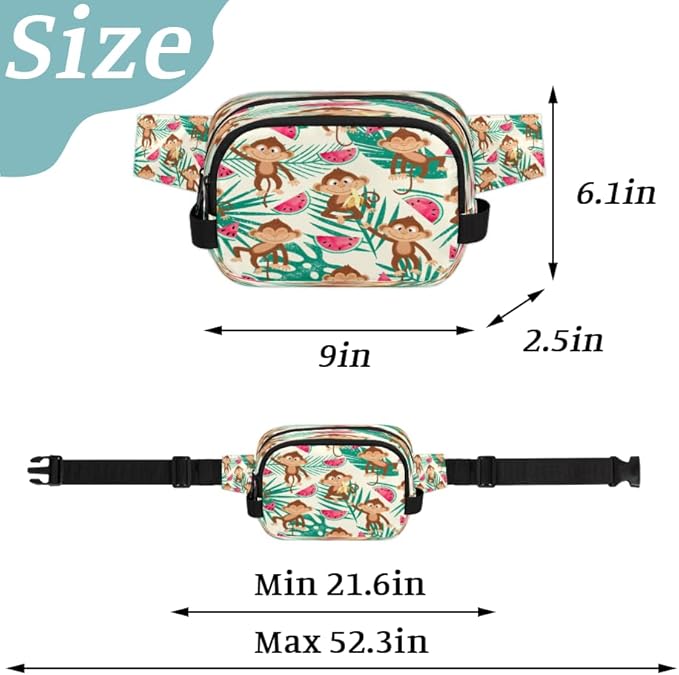 Monkey Watermelon Palm Waterproof Fanny Pack for Women Men Adjustable Waist Bag with Double Zipper Pockets Lightweight Square Hip Pack for Running Travel Hiking Workout Cycling
