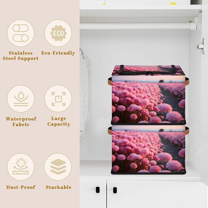 KOBLEN Pink Floral Print Storage Basket Collapsible Rectangular Storage Bins with Zipper Lid Handle Closet Shelf Cloth Organizer Basket for Nursery Bedroom Clothes Toy