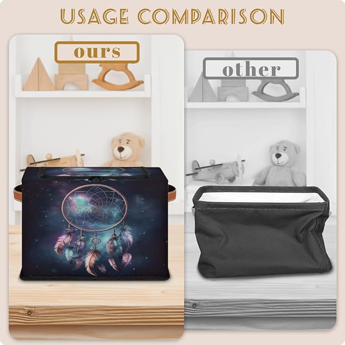 Dream Catcher Storage Box with Lid Feathers Collapsible Storage Bins Baskets Cubes Closet Shelf Clothes Organizer Containers with PU Leather Handles
