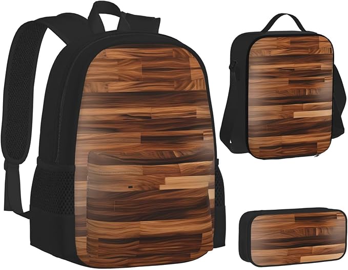 Wood Grain Backpack With Lunch Box 3 In 1 Set With Pencil Case Large Capacity Backpack With Chest Strap