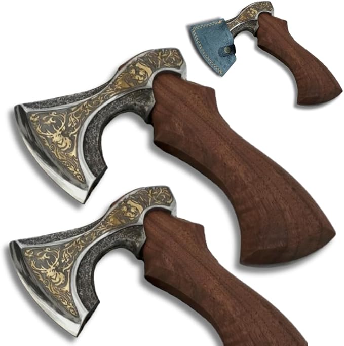 Carbon Steel Head with Hardened &amp Razor Sharpened Edge Rose Wood Handle Uniquely Designed Head Tomahawk Battle Axe with Premium Leather Sheath