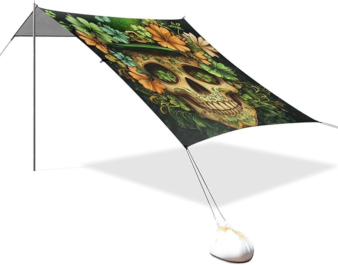 ALAZA St. Patricks Day Clover Leaves Skull Beach Tent Sun Shelter Portable Canopy Sunshade for Outdoor Camping Picnics Backyard Fun 10x9 ft