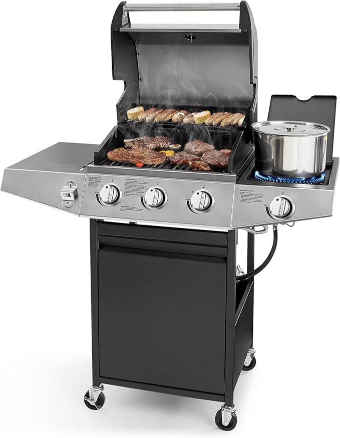 Lyromix 3 Burners Gas Grill with Side Burner Propane Grill with Wheels and Storage Outdoor Gas BBQ with Oil Tray and Thermometer for Patio and Party 37000 BTU