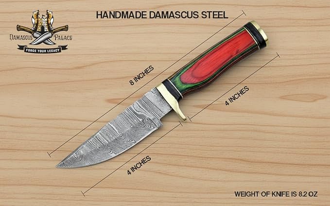 8-Inch Hand-Forged Damascus Steel Hunting Knife Fixed Blade Skinning Design with Leather Sheath Multicolor Wood Handle Brass Guard Twist Pattern Blade for Camping (Multi Color)