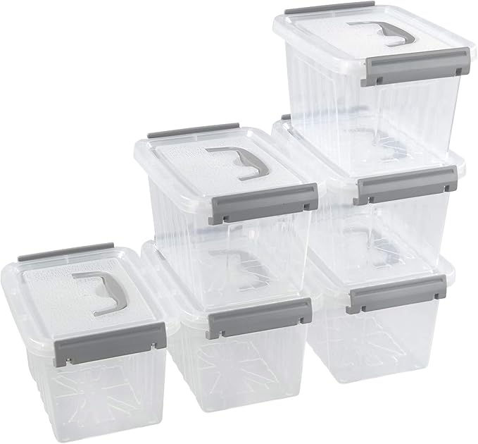 Farmoon 3.5 Quart Clear Storage Bin Small Plastic Stackable Box/Cotainer with Lid and Grey Handle 6 Packs