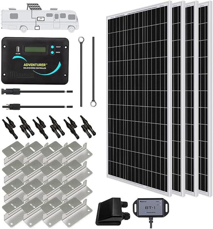 Renogy 400W 12V RV Solar Panel Kit 4*100 Watt Monocrystalline Solar Panel Adventurer 30A LCD PWM Charge Controller BT1 Bluetooth ModuleMounting Brackets Y-Connectors Cables for Off-Grid System