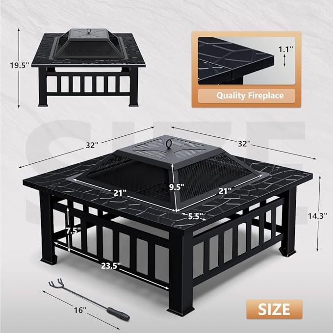 Greesum Multifunctional Patio Fire Pit Table 32in Square Metal BBQ Firepit Stove Backyard Garden Fireplace with Spark Screen Lid and Rain Cover for Camping Outdoor Heating Bonfire and Picnic Black