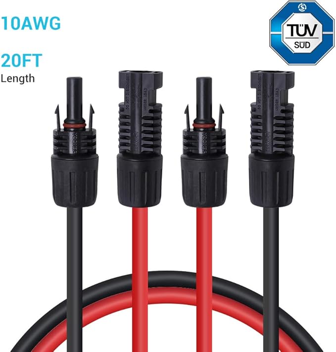 Renogy 20FT 10AWG Solar Panel Extension Cable with Male and Female Connectors 20Ft. 10AWG 1 Pair (Red and Black)