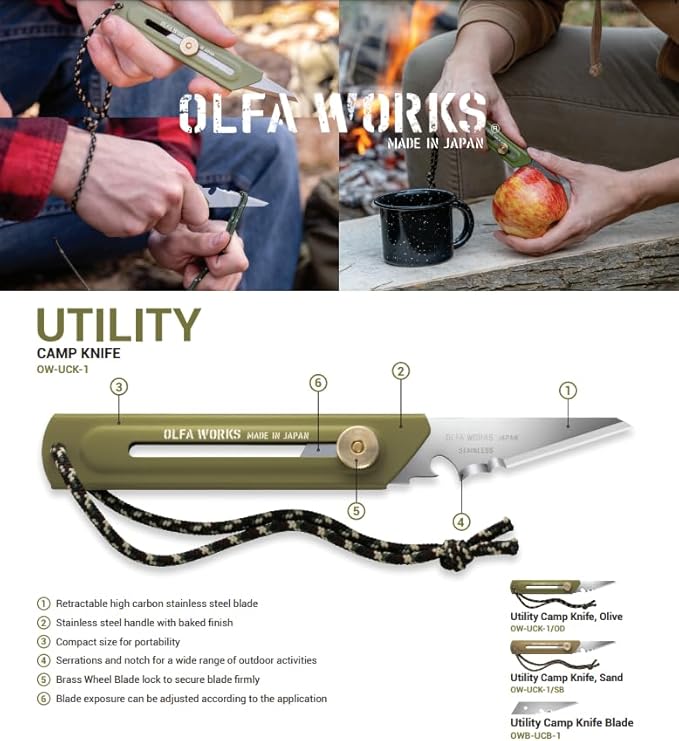 OLFA WORKS OW-UCK-1/SB Camp Knife High Carbon Stainless Steel Blade - Multipurpose Outdoor Knife Great for Camping Activities - Brass Wheel Lock Replacement Blade: OWB-UCB-1 (Olive)