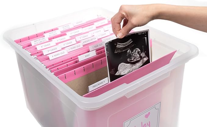 Kid's Craft Memory Keepsake Organizer Box - Clear Storage Latching Bin with Hanging File Folders and Custom Tab Inserts (Pink)