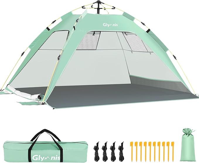 Glymnis Pop Up Beach Tent Sun Shade Shelter for 3-4 Person with UPF 50+ Lightweight &amp Easy Setup Vent Windows &amp Zippered Door Extended Floor Family Instant Beach Tent