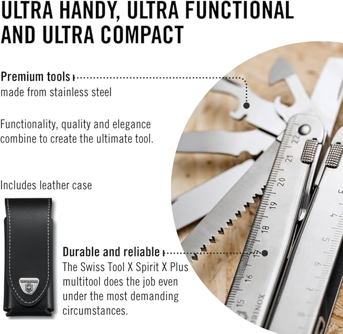 Victorinox Swiss Tool X Plus Ratchet Swiss Army Knife 35 Function Swiss Made Multi-Tool with Needle-nose pliers Wire Cutter Crate Opener and Large Blade - Silver