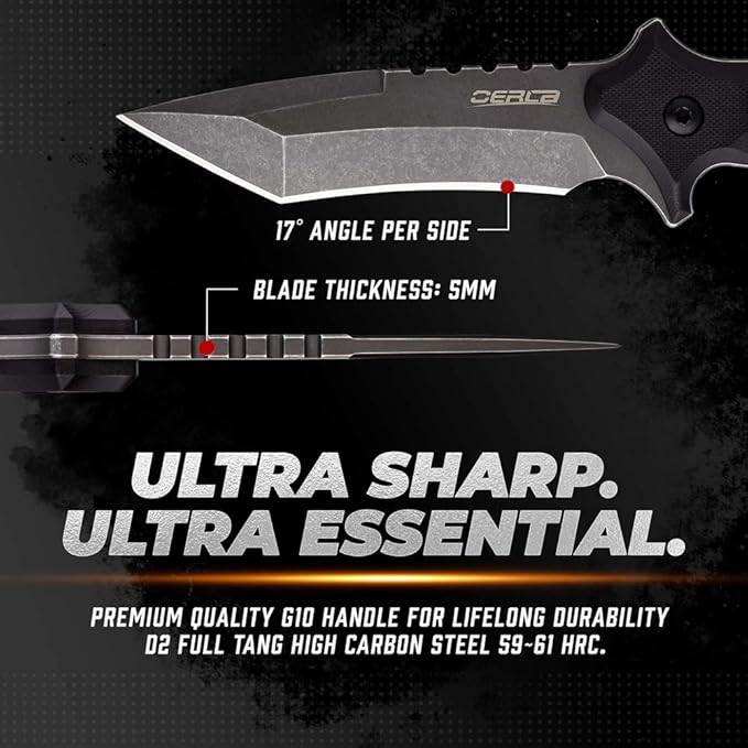 OERLA OLK-D47 Tactical Survival Knife with Kydex Sheath D2 High Carbon Steel Fixed Blade Outdoor Knife G10 Handle EDC Tactical Belt Clip
