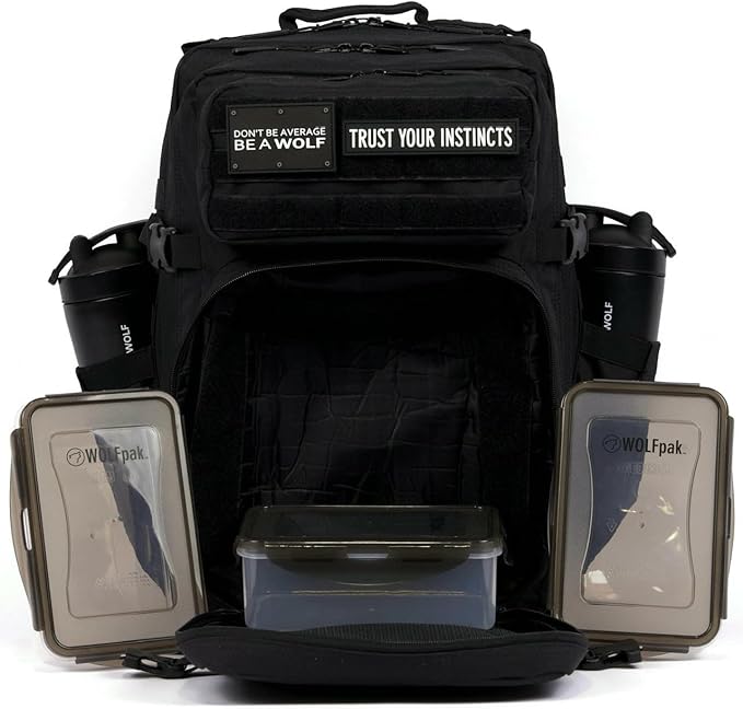 45L Meal Prep Management Backpack | With Built-In Cooler Easily Store and Carry Food Containers | Extra Large Military Rucksack for Gear Water Resistant Travel &amp Gym Bag (Alpha Black Meal Prep)