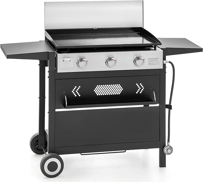 MFSTUDIO Flat Top Grill with Ceramic Coated Cast Iron Griddle 3-Burner Propane Gas BBQ Griddle Grill Outdoor Barbecue Grill33000 BTUBlack
