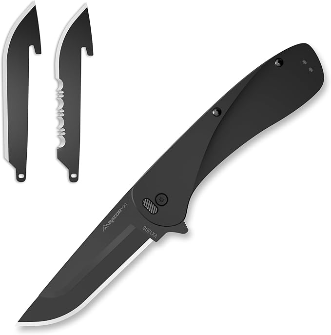 OUTDOOR EDGE RAZOR VX1 | Replaceable Blade Assisted EDC Folding Pocket Knife | 3 Stainless Blade Black Anodized Aluminum Handle Reversible Pocket Clip | Outdoor Camping Survival Utility