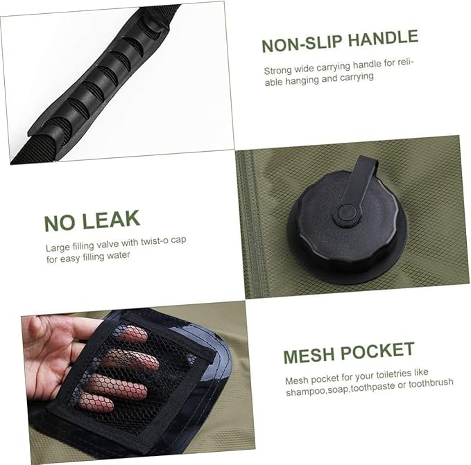 UPKOCH Portable Camping Shower Bag Solar Water Storage with Shower Nozzle for Outdoor Activities for Hiking Beach Fishing and Picnics Olive Green