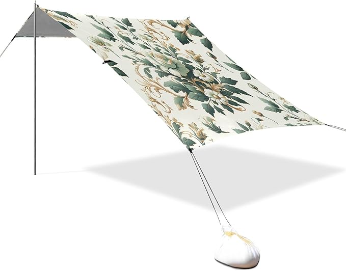 Elegant Flowers White Beach Tent Sun Shelter Set UPF50+ UV Protection 10.5 x 9.19 FT Camping Shade Canopy with Sandbags Sand Anchors Carrying Bag and Others