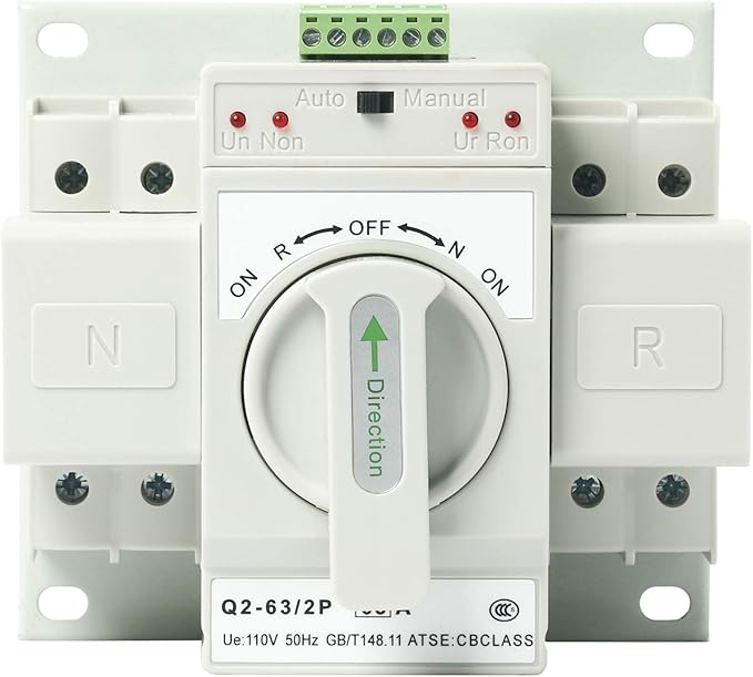 Automatic Transfer Switches 2P 63A 110V Dual Power Toggle Controller Change-Over Switch ATS for Emergency Generator Backup MCB type Generator Changeover Switch