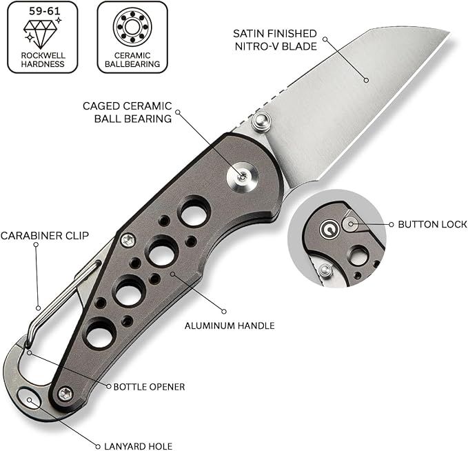 CIVIVI Pragma Folding Knife Pocket Knife Multitool with EDC Carabiner Bottle Opener 2.2 Nitro-V Blade Aluminum Handle Ideal Gift for Men Women C23062B-2 (Gray)