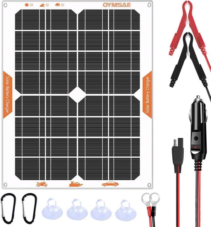 OYMSAE White 20W 12V Solar Panel Battery Charger Portable Waterproof Power Trickle Battery Charger &amp Maintainer for Car Boat Automotive RV with Cigarette Lighter Plug &amp Wiring Clip