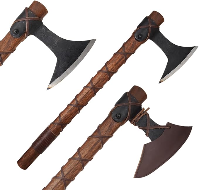 Medieval Warrior Traditional Viking Hand-Axe — Hand-Forged Style Bearded Blade with Leather Cross-Strap Grip