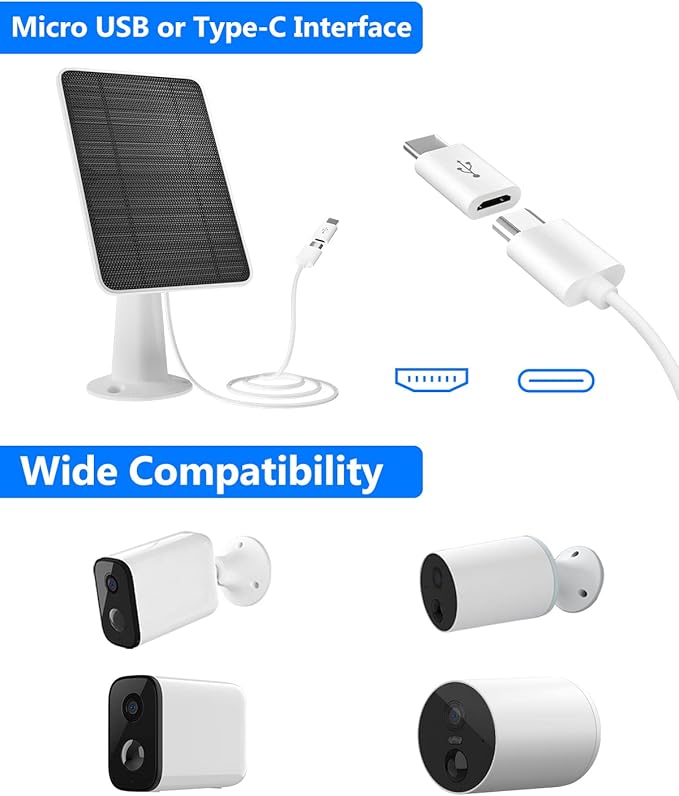 Solar Panel for Security Camera 5W USB Solar Panel for DC 5V Security Camera Micro USB &amp USB-C Port Solar Panel IP65 Waterproof Solar Charger for Camera360° Adjustable Mounting 13ft Cable 4 P