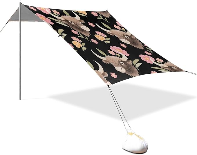 ALAZA Cute Yak Flowers Beach Tent Sun Shelter UPF50+ Protection Beach Shade Canopy w/ 4 Sandbags for Outdoor Camping Fishing Backyard Fun Picnic 10x9 ft