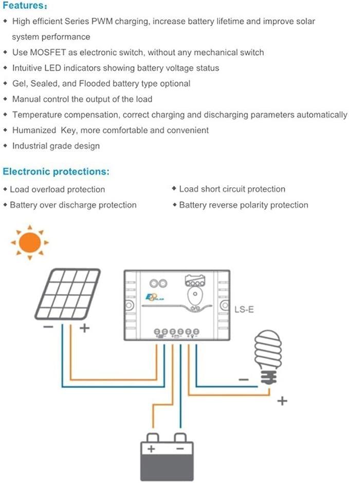 EPEVER Solar Charge Controller 10A 12V PWM Regulator with LED Indicator for Off Grid Solar Panel Battery Charging System (LS1012E)