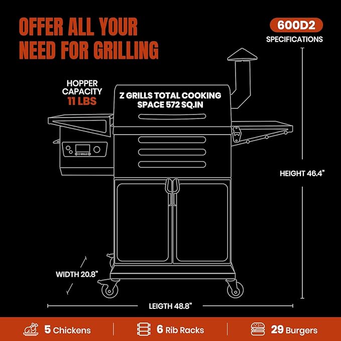 Z GRILLS Wood Pellet Grill &amp Smoker 8-in-1 Pellet Grill with Automatic Temperature ControlMeat Probes572 Sq. in Area for Backyard Camping Outdoor PartyBright Black