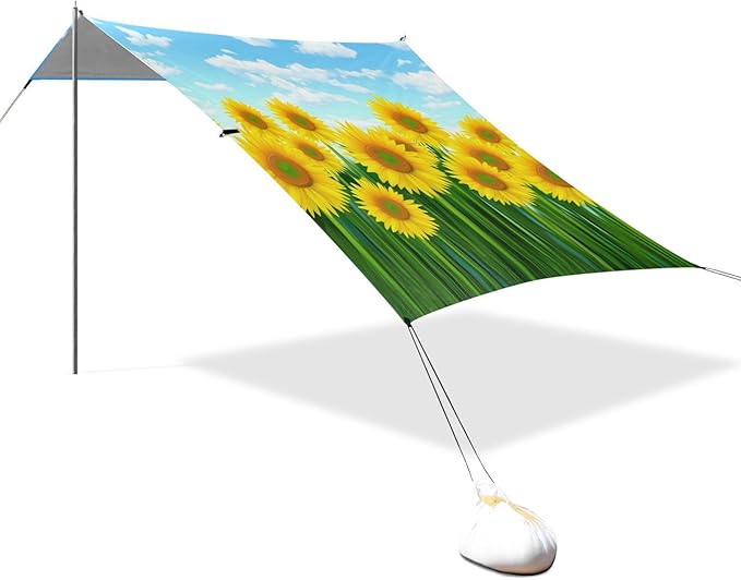 Beach Canopy with Windproof Ropes &amp Sandbags Beach Tent Sun Shade Sun Shelter for Camping Trips Fishing Backyard Fun or Picnics Sunflowers