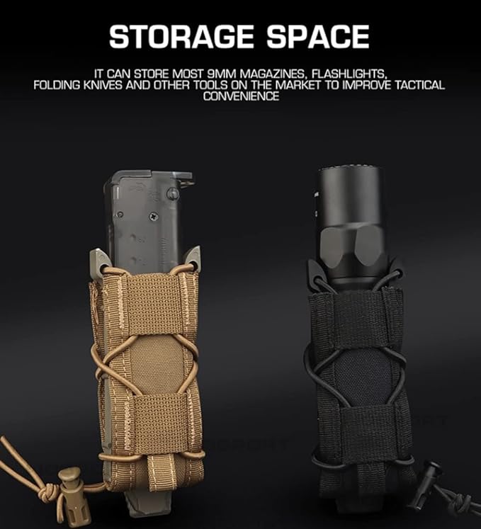 Tactical 9MM Mag PouchMolle Pistol Single Flashlight Magazine Pouch for Torch Holder Hunting Holster Shooting Airsoft (Pack of 2)