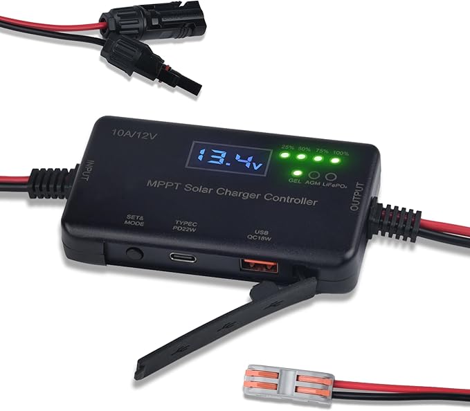 MPPT Solar Charge Controller 12V 10A with Wire Connectors Solar Panel Charge Controller with Type-C and USB Output for Gel AGM LiFePO4 Battery