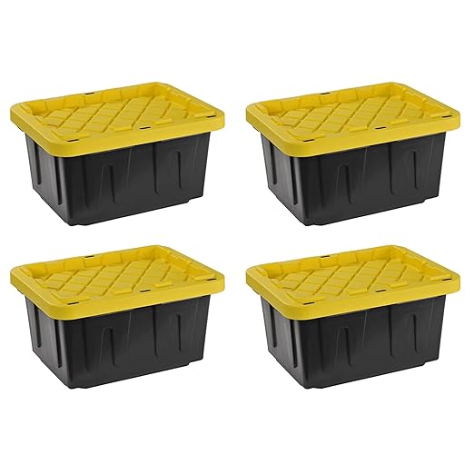 Juggernaut Storage 4 Pack Plastic Tote with Lid for Organization 5 Gallon Black/Yellow