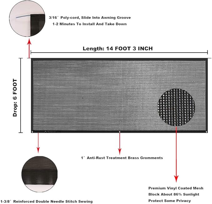Tentproinc RV Awning Sun Shade Screen 6' X 14' 3'' (Fit for 15' Awning) Mesh Sunshade for RV Awning Sunscreen Motorhome Camping Trailer Awning Shadescreen Block UV Glare - 3 Year Warranty (Black)