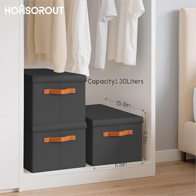 Homsorout Storage Bins with Lids - Large Fabric Closet Bins with Lid 6 Pack Clothes Organizers and Storage Collapsible Stackable Cube Basket for Home Office Dorm Black