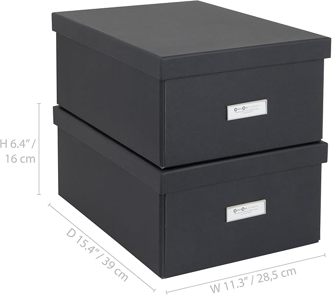 Bigso Katia Collapsible Storage Box with Labelframe for Identification - Simple Assembly without Tools - Decorative Storage Boxes with Lids - 11.3in x 15.4in x 6.4in - 2 Pack - Dark Grey