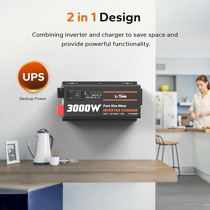 LiTime 3000W Inverter Charger Pure Sine Wave Inverter 12V DC to 120V AC 9000W Peak Power UPS Function 5A - 45A Adjustable Current LCD Remote Control for RV Home Backup Truck Boat