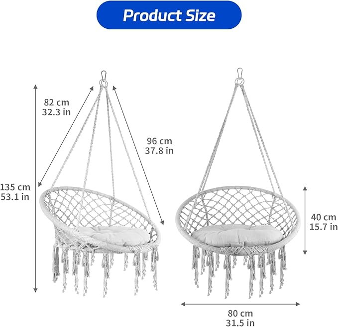Hammock Chair Swing Cotton Rope Handwoven Hanging Chair 330 Pounds Capacity Tassels Hammock Swing for C-Hammock Stand Living Room Yard Garden Balcony (Grey)