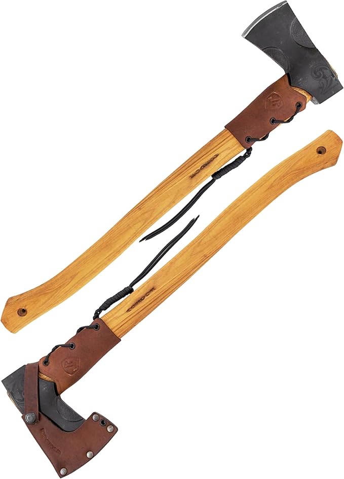 Condor Tool &amp Knife Cloudburst Hatchet Axe with Handcrafted Leather Sheath - 1060 High Carbon Steel Throwing Axe with a Light Wooden American Burnt Hickory Handle - 5.8in Blade - 43.4oz