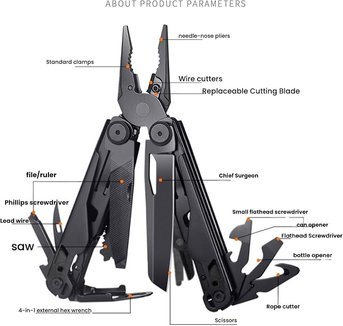 Multitool 15-in-1 Full-Size Lightweight EDC Multi-Purpose Pliers Nylon Bag Camping Knives &amp Tools Tactical Outdoor Gear Mens Gifts Ideas Gifts for Hunters Men who have Everything (Black)